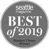 The image is a badge reading "Seattle Magazine Best of 2019 Readers' Choice Winner" in a circular format.