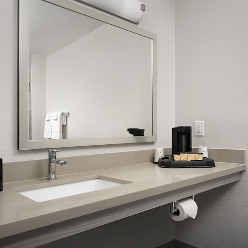 The image shows a modern bathroom vanity with a sink, a large mirror, a coffee maker on a tray, a tissue box, and a toilet paper roll.